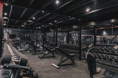 Ett modernt och välutrustat gym med hantlar och träningsbänkar.