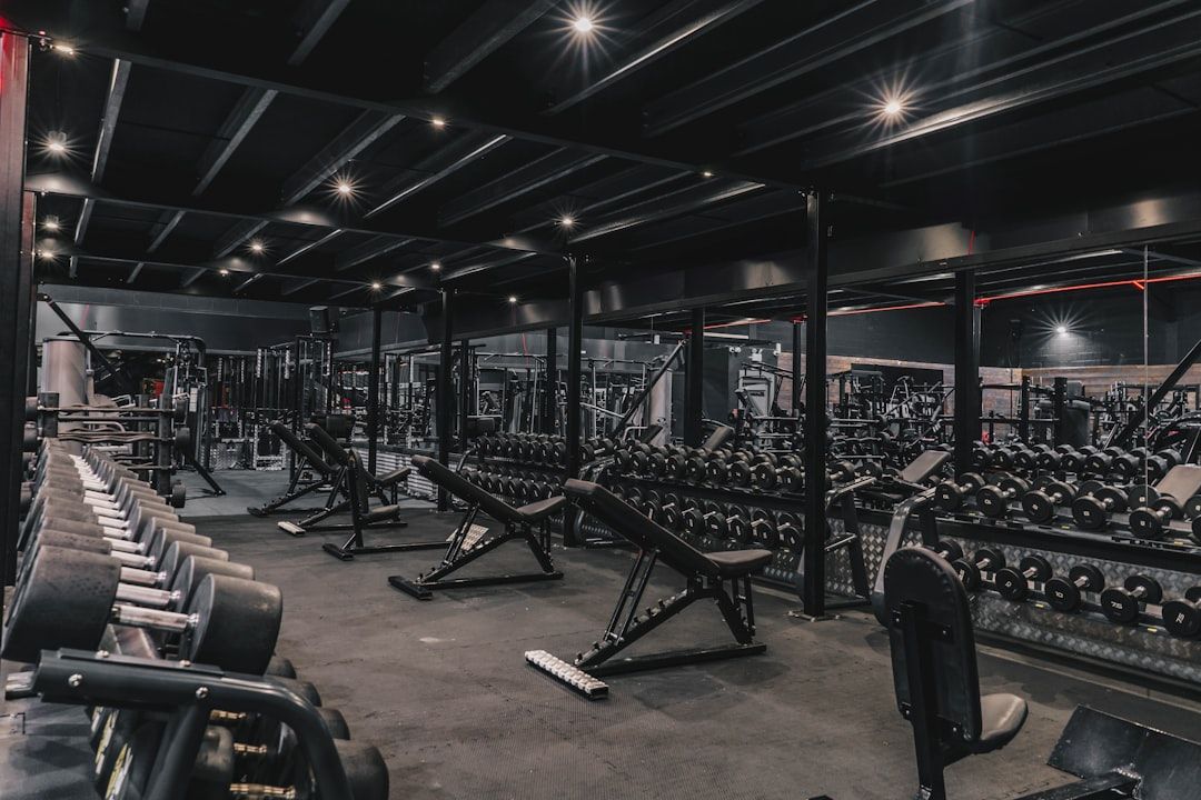 Ett modernt och välutrustat gym med hantlar och träningsbänkar.
