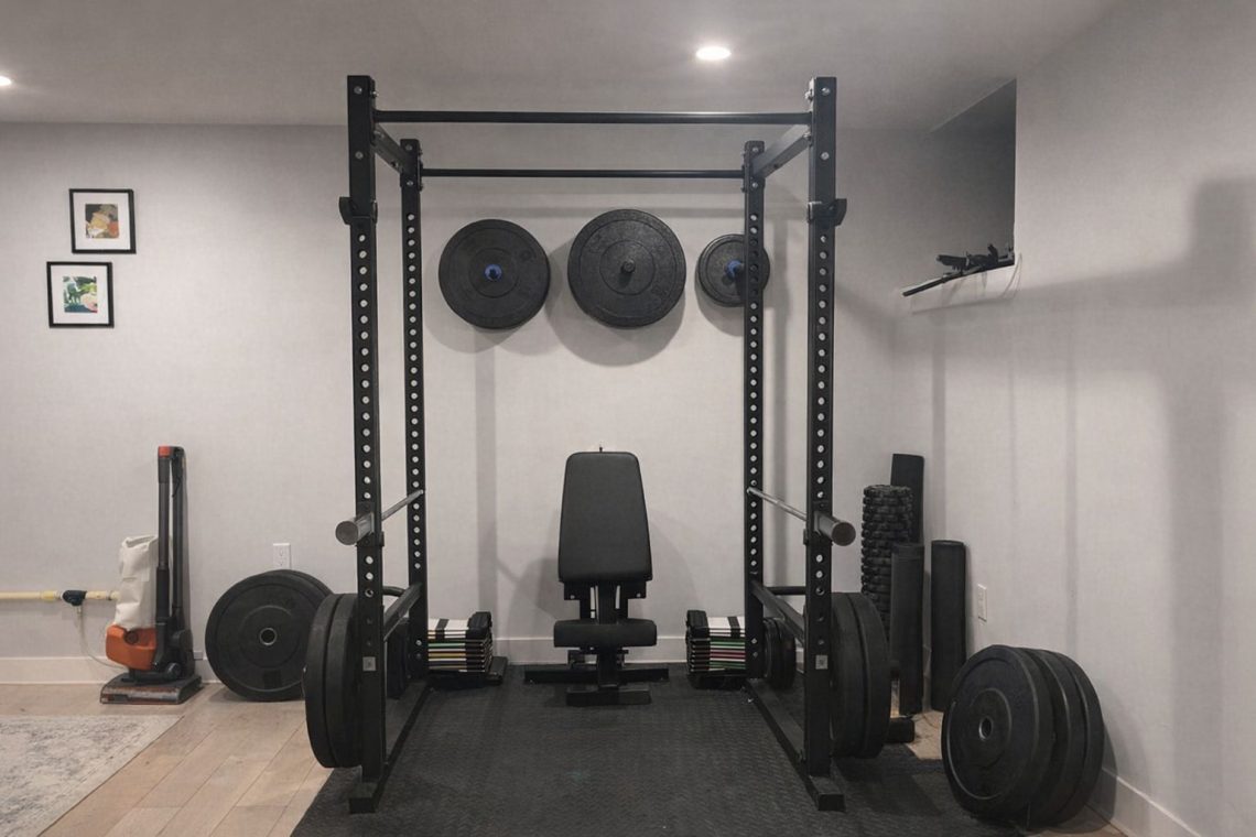 Svart skivstångsställning med träningsbänk och viktskivor i ett hemmagym.