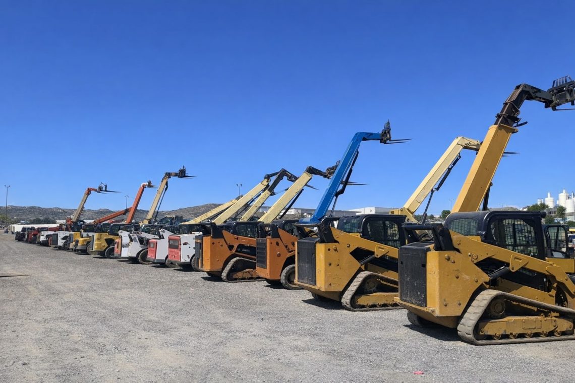 Lång rad av olika kompaklastare uppställda för auktion under blå himmel.